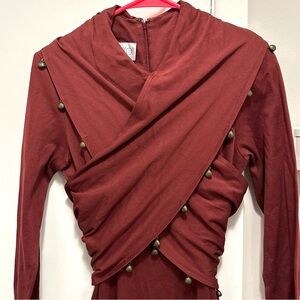 Vintage Oberon Maroon Wrap Surplus Top Fit Flare Midi Dress 6 Gold Bell Charms